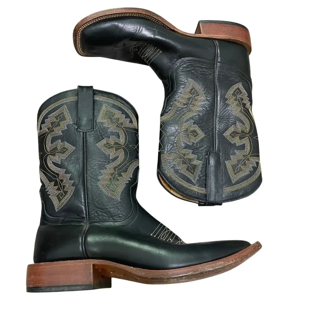 Men's Black Leather Western Cowboy Boots with Embroidered Shaft